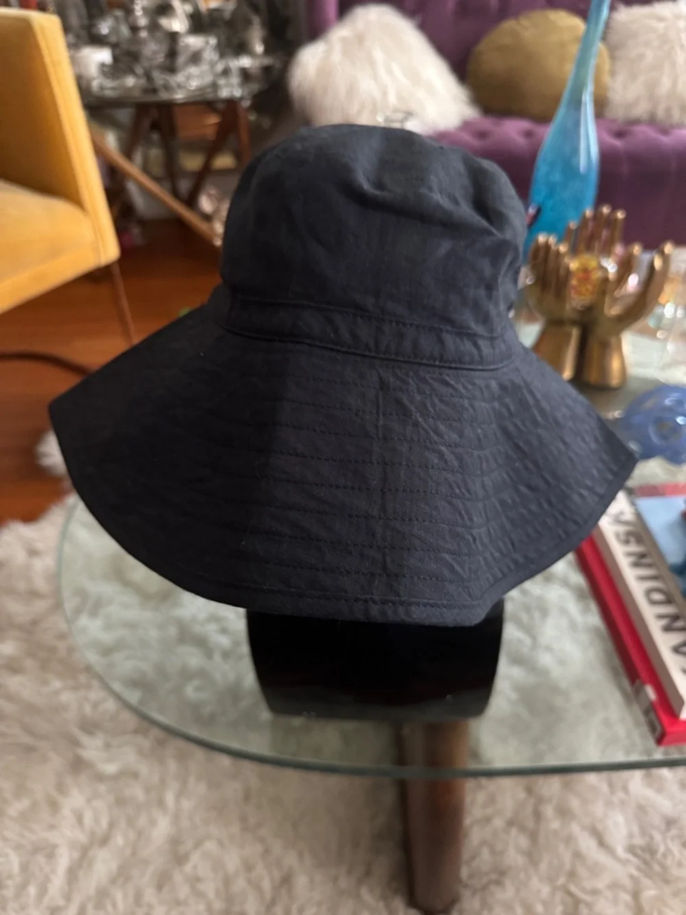 J.Crew 100% Linen Dark Navy Blue Large Brim Bucket Sun Hat Style 69554 S/M